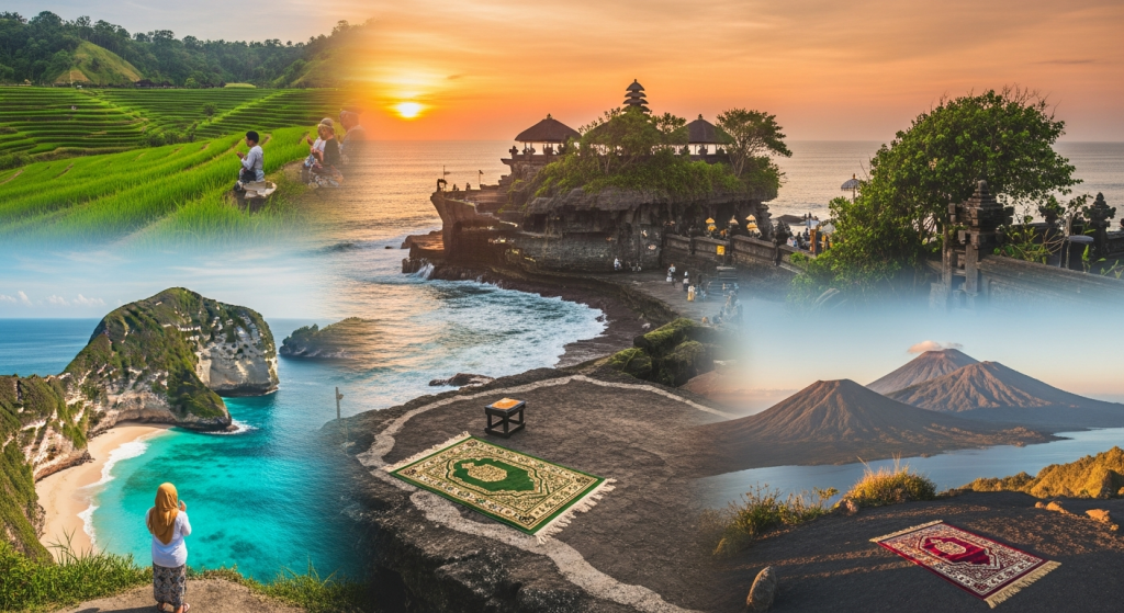 Two women in hijab walking hand in hand at a Balinese lake temple
