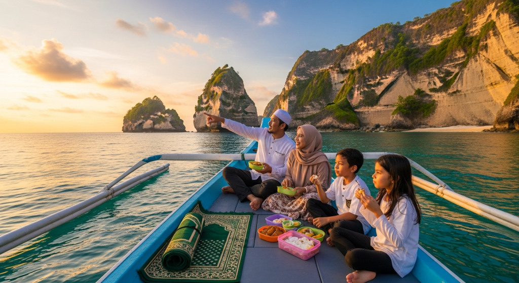 Two women in hijab at a Balinese lake temple with mountain backdrop
