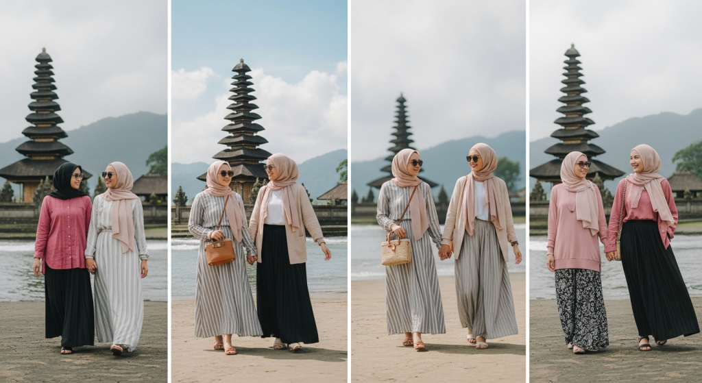 Two women in hijab walking along the shore at a Balinese temple