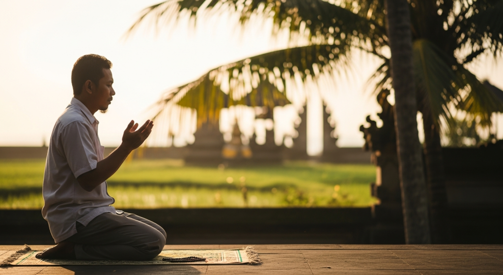 Man praying beside a Balinese temple with rice fields at sunset